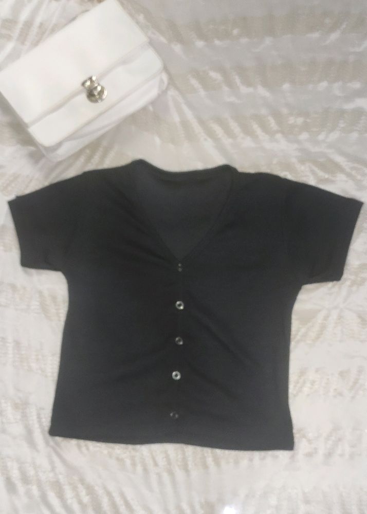 Women Black Korean Solid Top