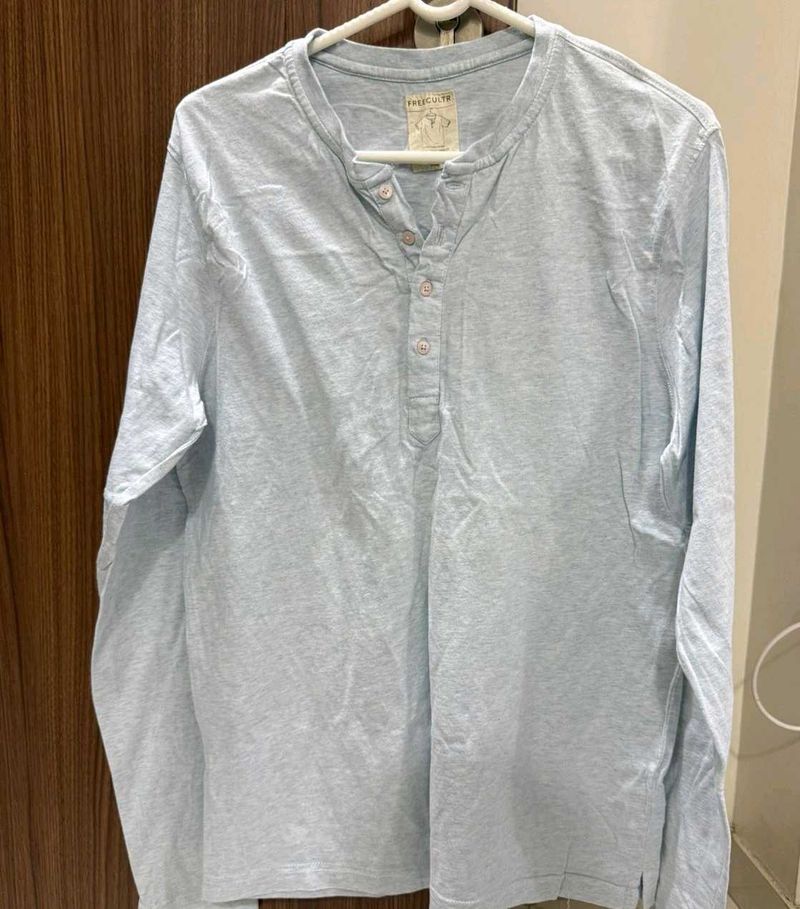 Women's Light Blue Long Sleeve Henley Shirt