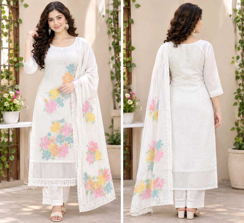 unused fresh White Floral Kurta Set with Dupatta