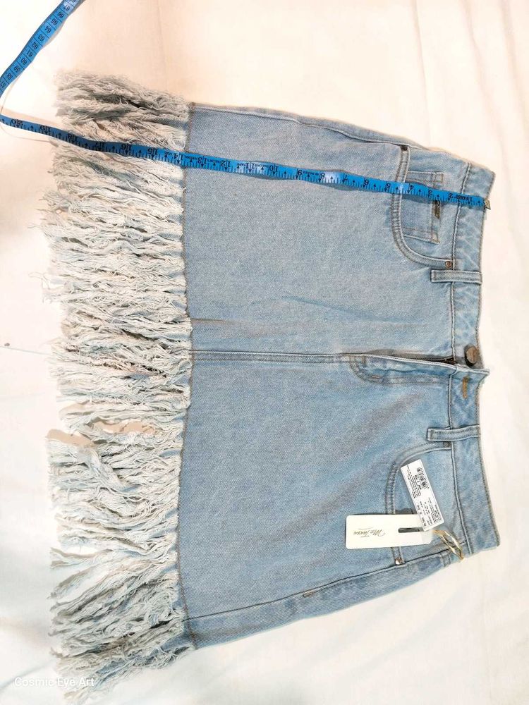Light Wash Denim Fringed Mini Skirt