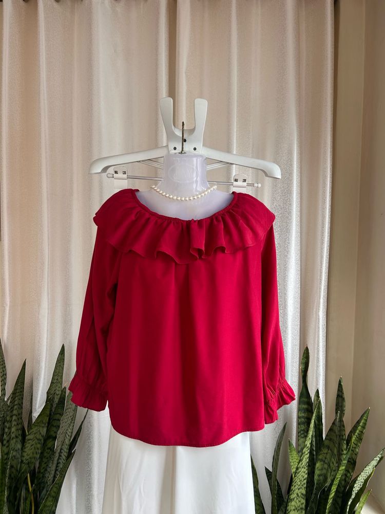 Imported red Ruffle Neck Top