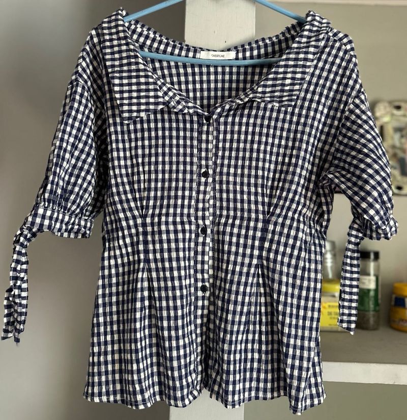 Navy Gingham Button-Up Top