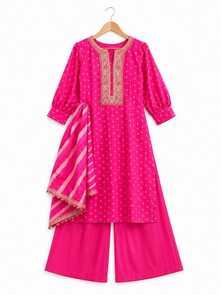 Pink Leheriya/Bandhej Kurta Set W/ Dup