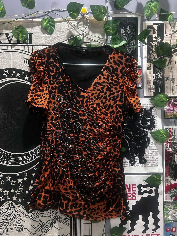 Leopard Print Embellished Top