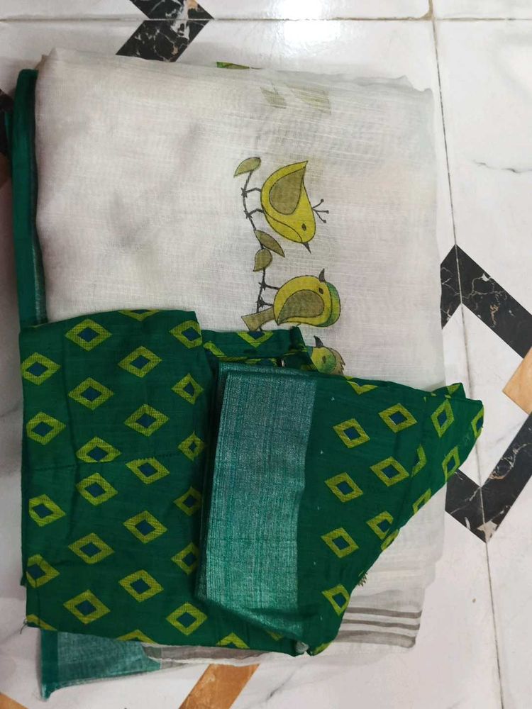 White Saree with Bird Print