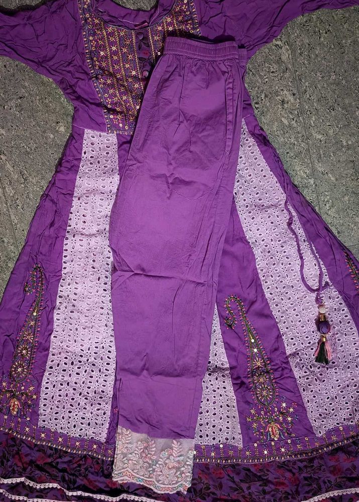 Purple Embroidered Anarkali suit with pant