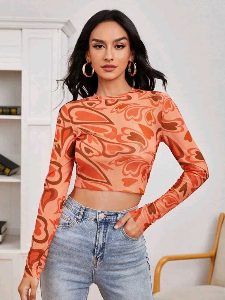 Trendy Orange Abstract Print Mesh Top