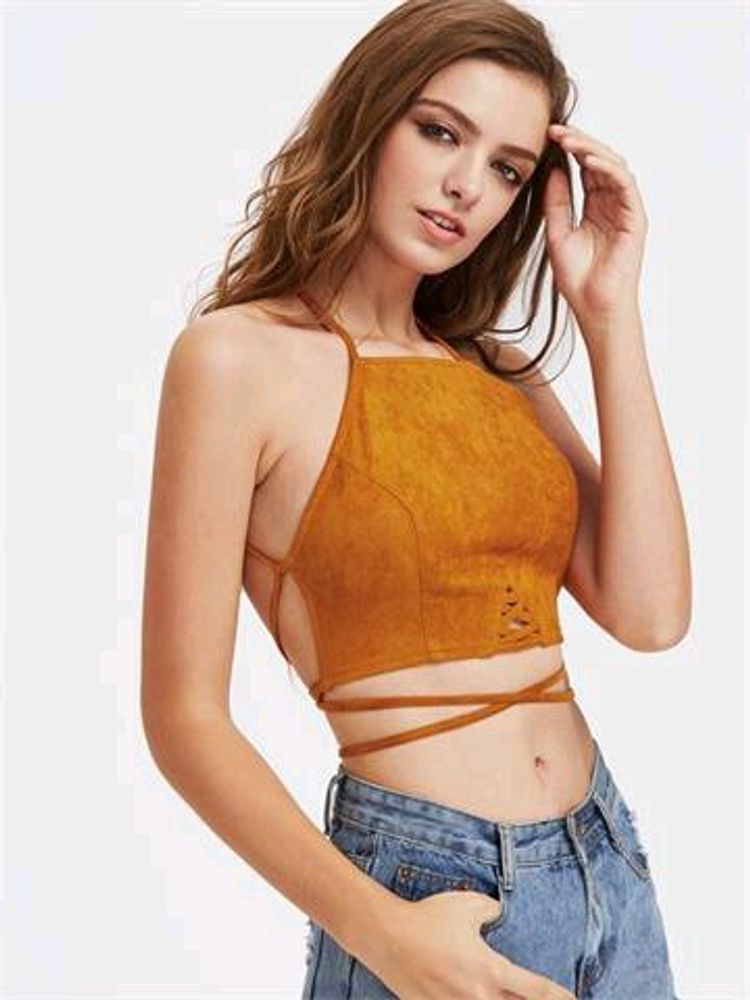 Suede Halter Wrap Crop Top