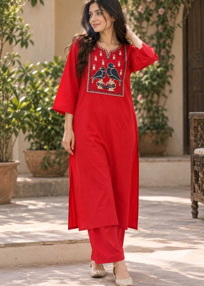 Vibrant Red Kurta Set with Bird Embroidery