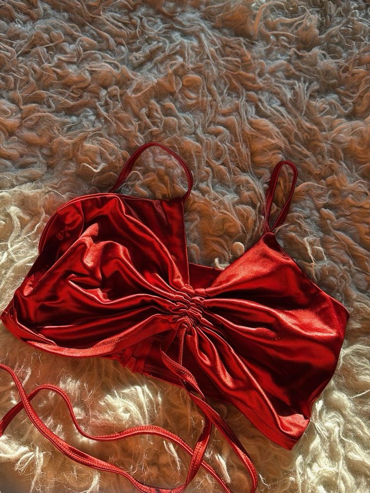 Red Ruched Halter Neck Crop Top