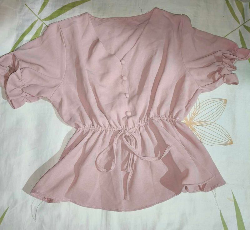 Chic Pink Puff Sleeve Peplum Top