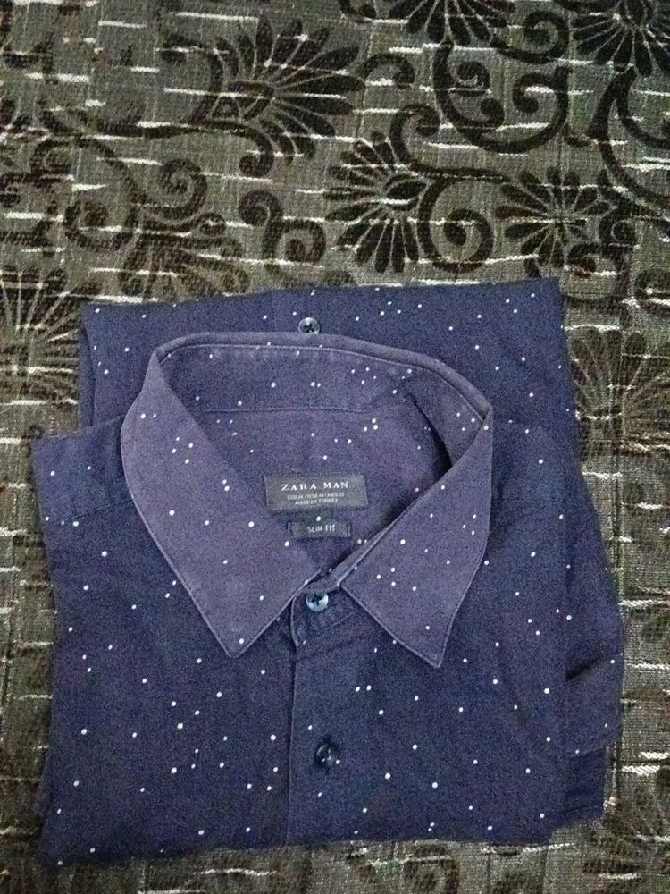 Zara Man Navy Polka Dot Slim Fit Shirt