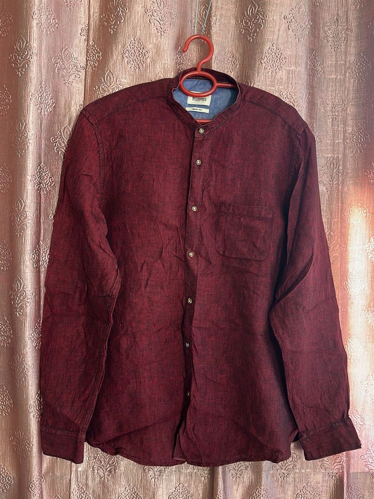 Men's Maroon Band Collar Shirt