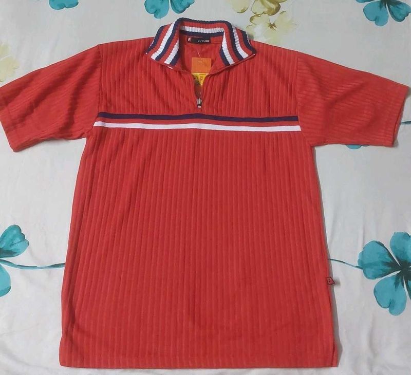Red Ribbed Quarter Zip Polo Shirt