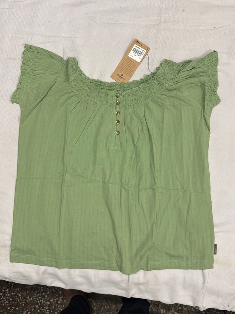 Green Smocked Off-Shoulder Top