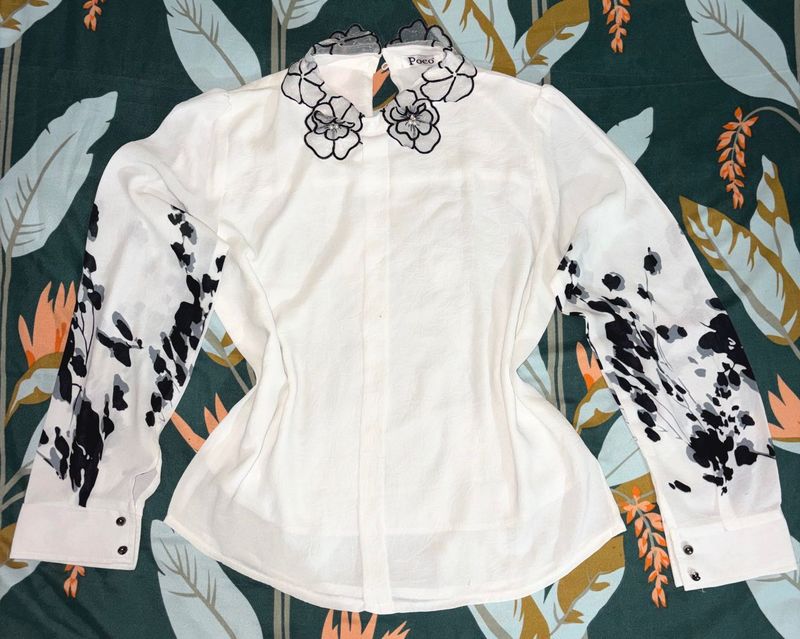 White Collared Shirt with Floral Sleeves