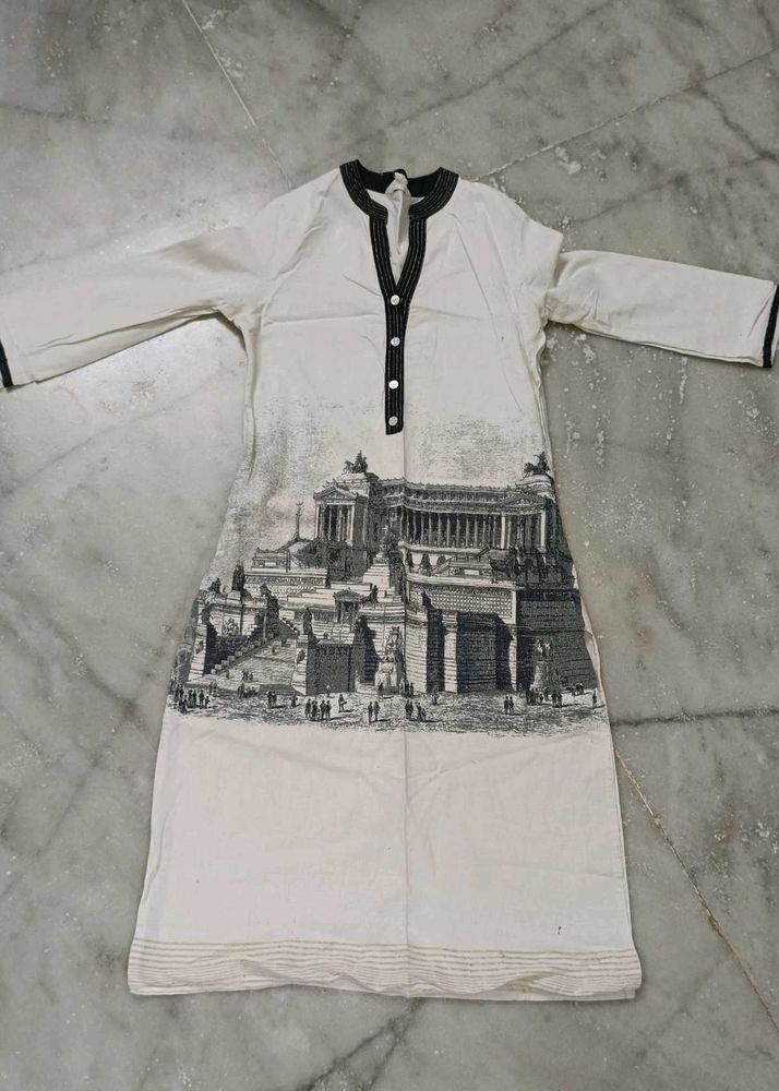 Elegant White Kurta with Architectural Print