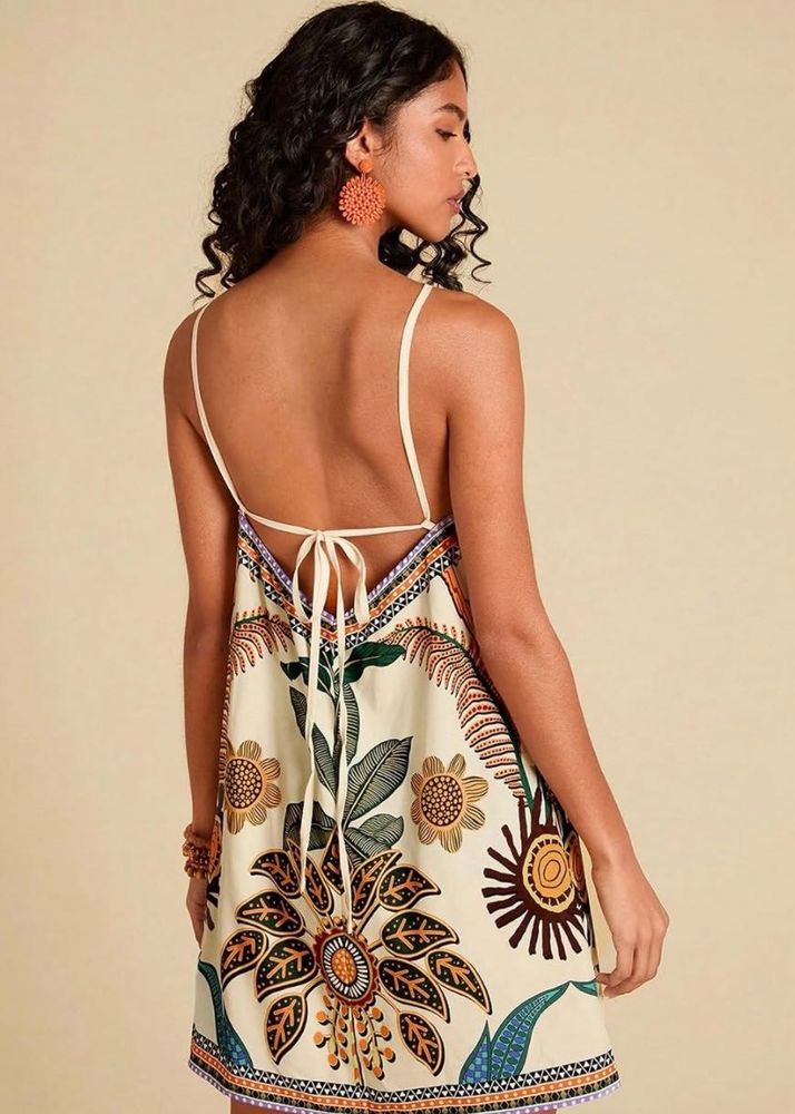 halter neck backless Boho Floral Print Mini Dress