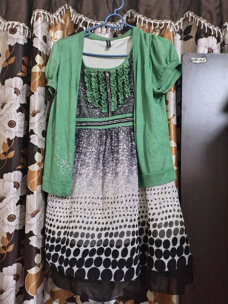 Chic Green Cardigan with Polka Dot Dress