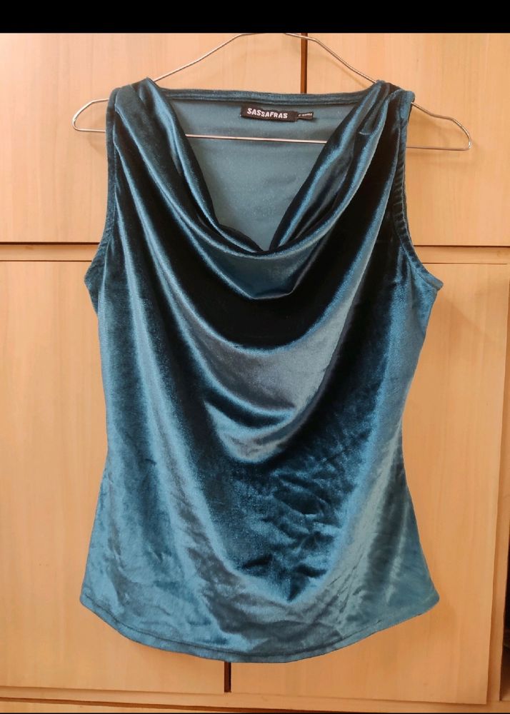 Teal Velvet Cowl Neck Top