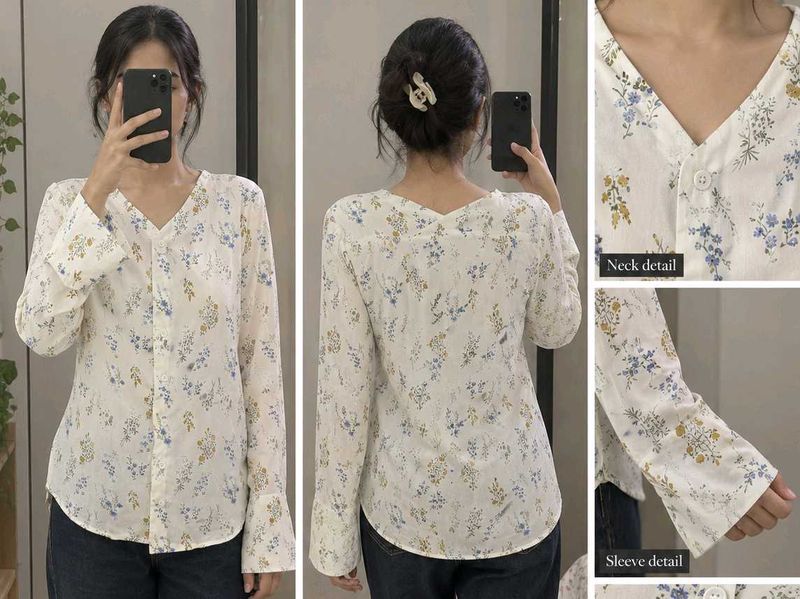 Floral Print V-Neck Long Sleeve Top