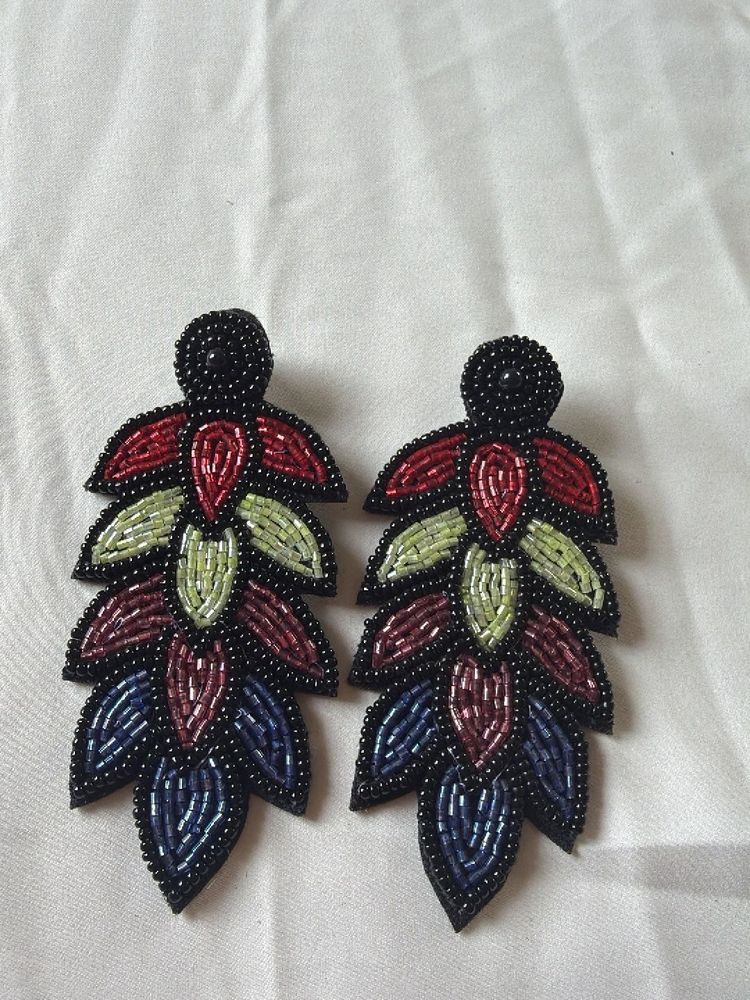 Boho Beaded Leaf Earrings