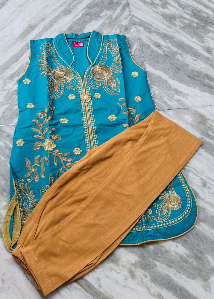 Beautiful Teal Kurta Set with Gold Embroidery