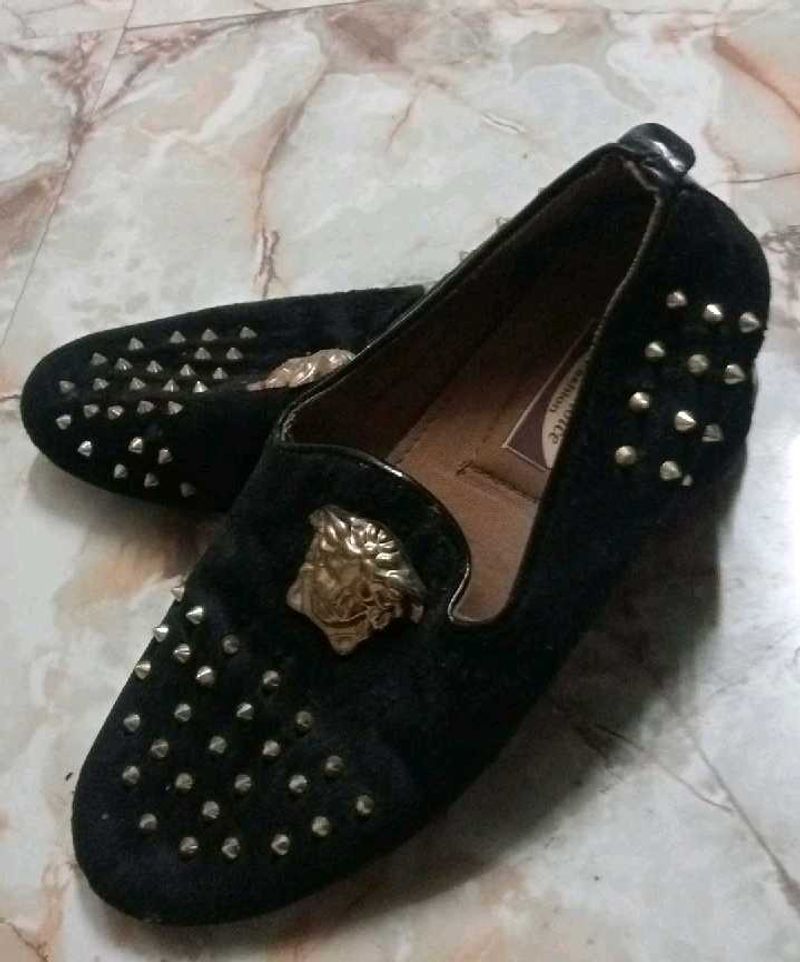 Black Studded Loafers with Medusa Accent