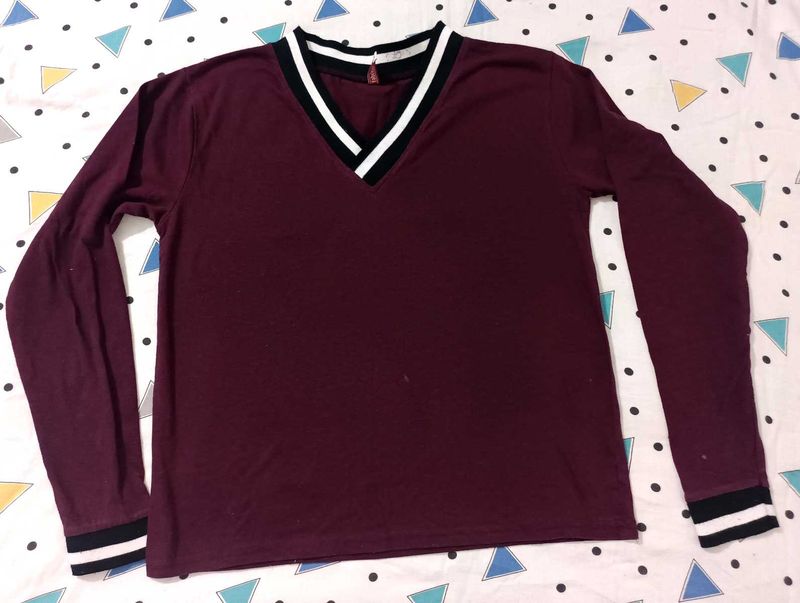 Maroon V-Neck Striped Trim Top