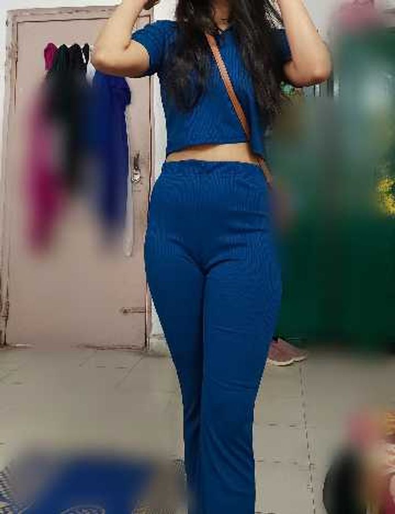 Blue Ribbed Crop Top &amp; Pants Set