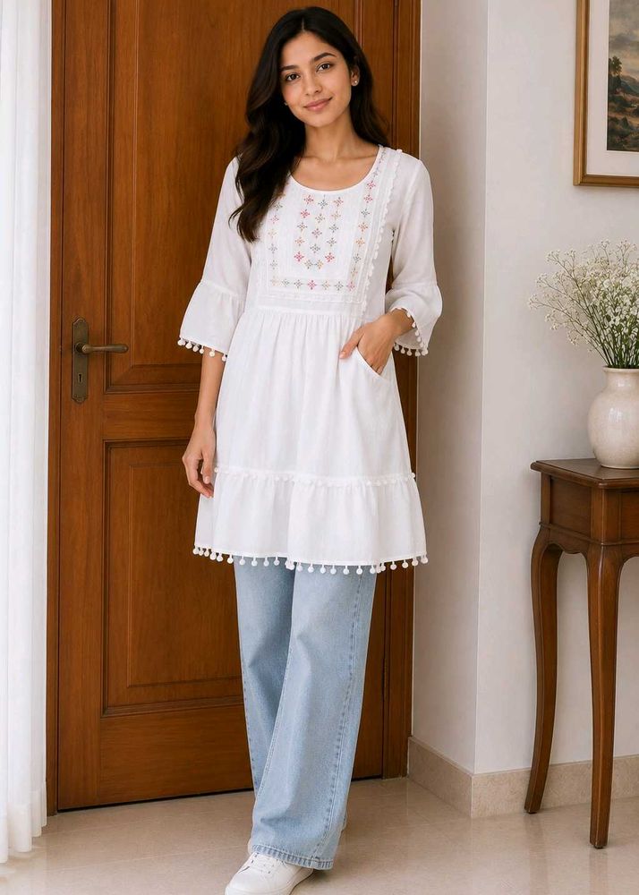 White Kurta with colorful embroidery
