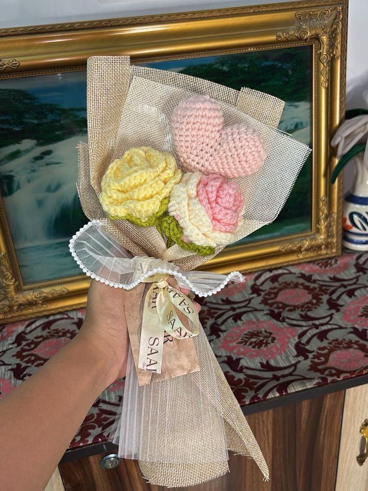 Handmade Crocheted Flower Bouquet with Heart