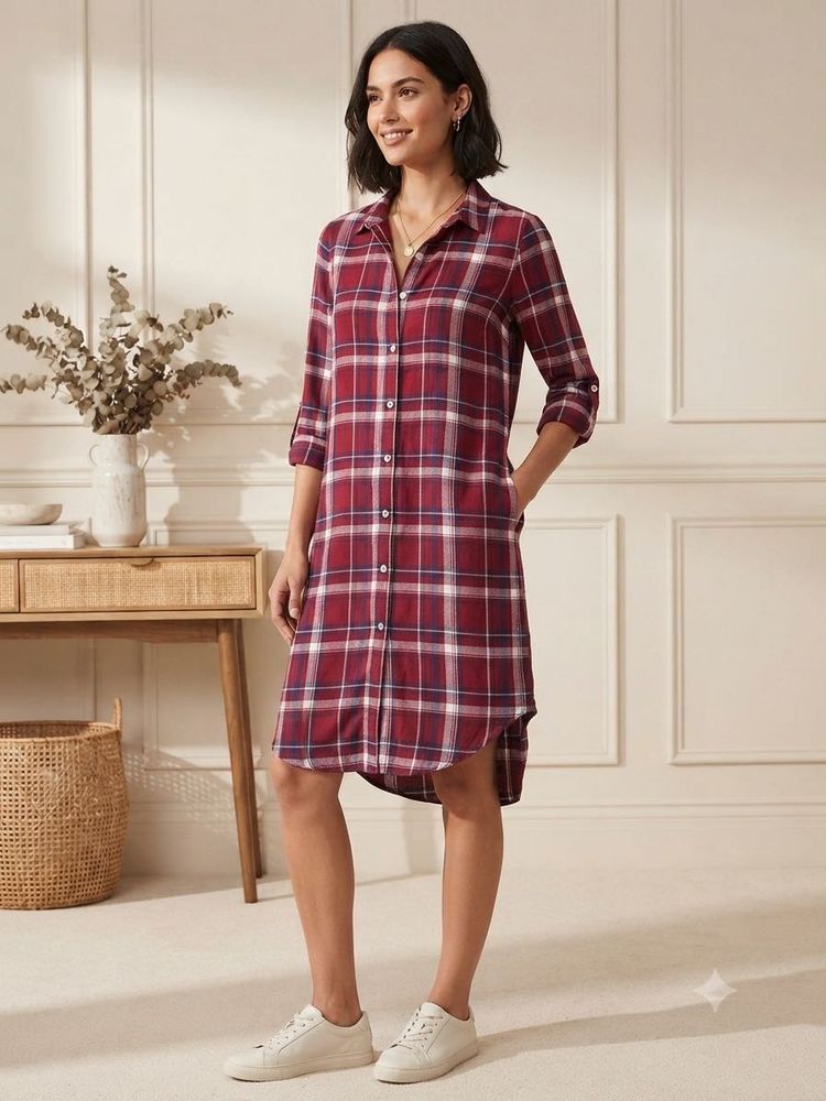 Red Plaid Button-Up Shirt Dress