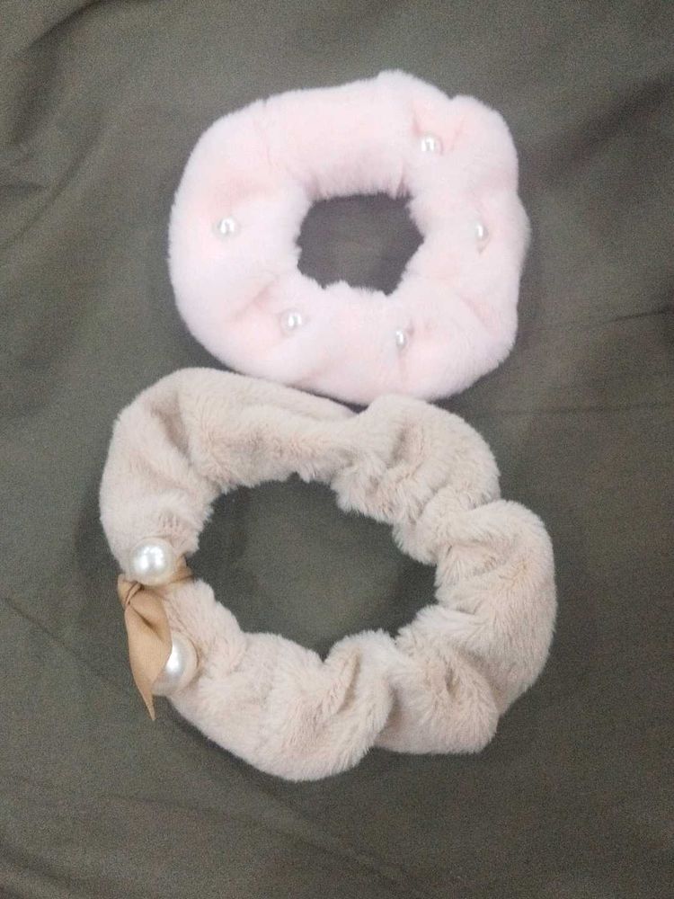 Faux Fur Pearl Hair Scrunchies (Set of 2)