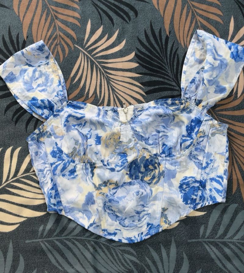 Blue Floral Print Corset Top