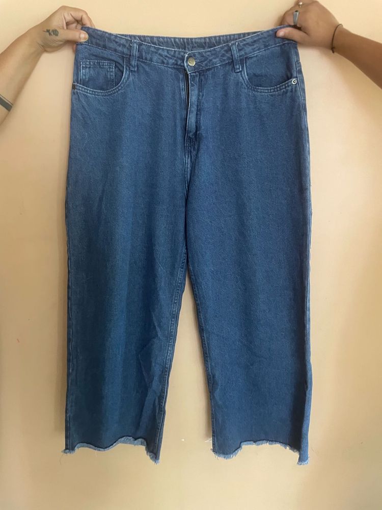 Blue Denim Wide-Leg Crop Jeans