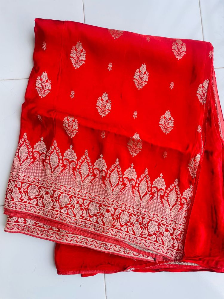Rust Red Banarsi Mashru Silk saree