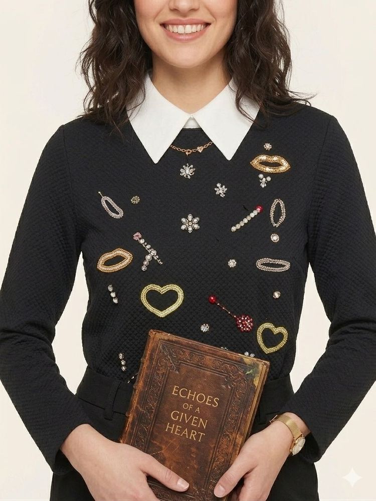 Embellished Black Top with White Collar