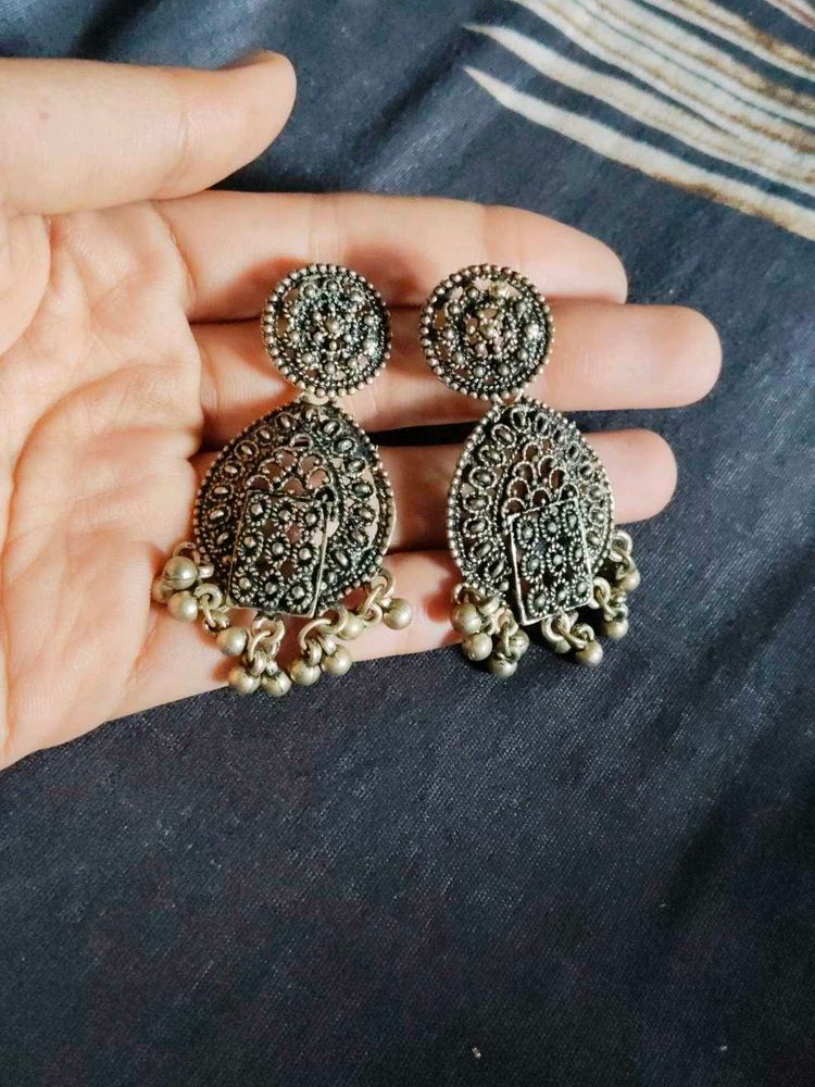 Oxidized Silver Jhumka Earrings