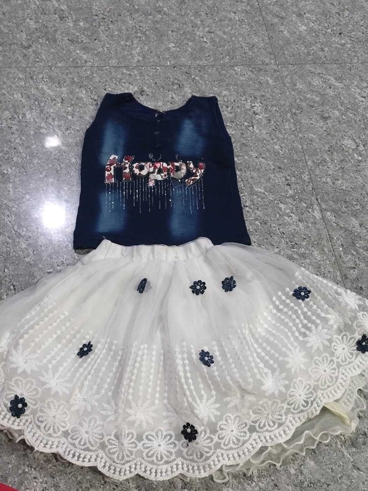 Girls Denim Top &amp; White Skirt Set