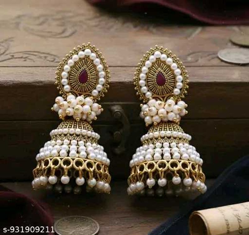 Exquisite Pearl &amp; Stone Jhumka Earrings
