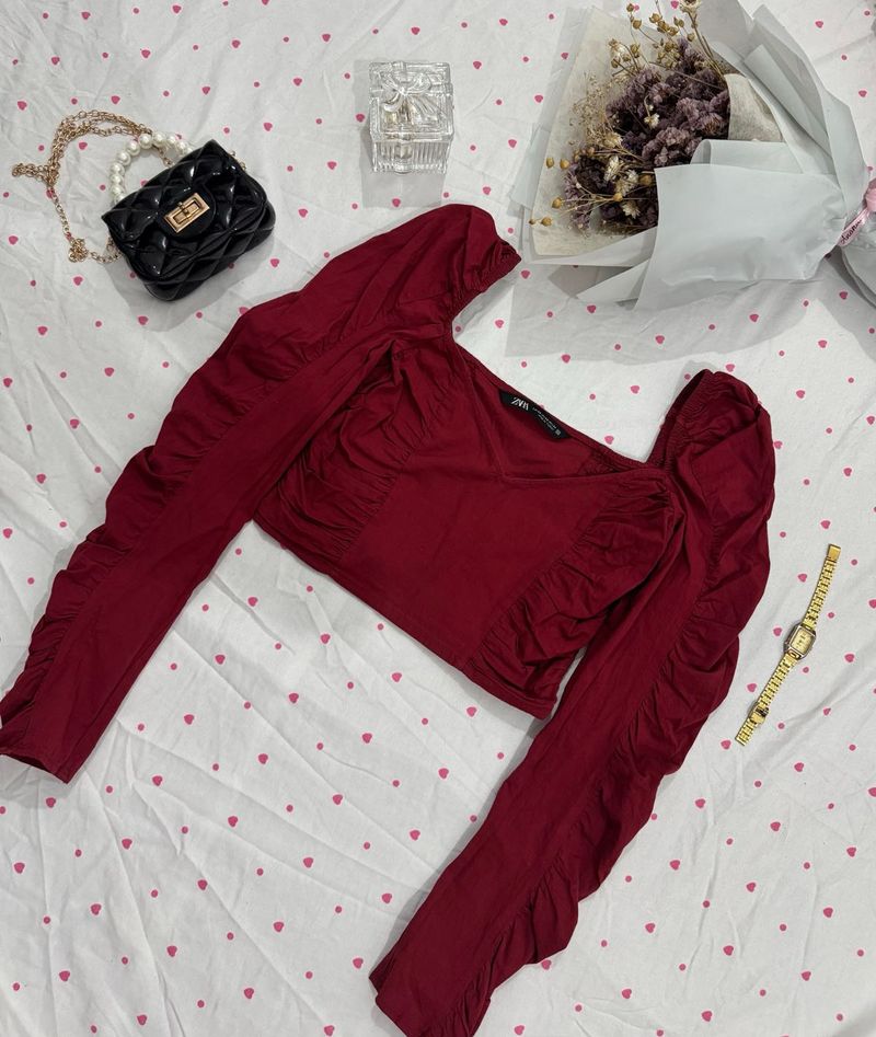 ZARA Chic Burgundy Ruched Crop Top
