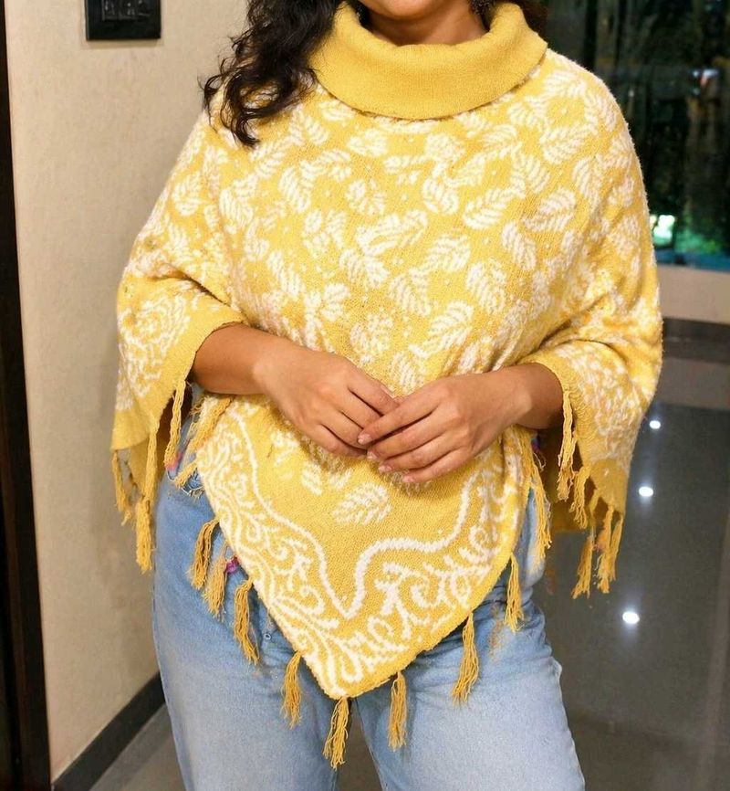 Yellow Printed Poncho Sweater