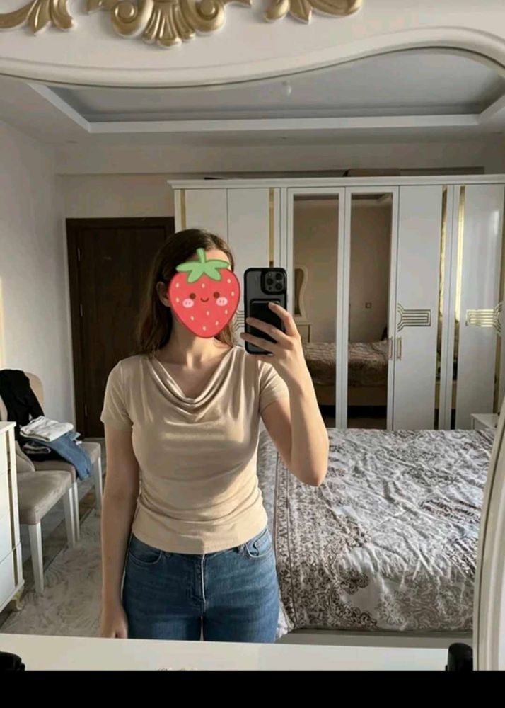 Casual Beige Drape Neck Top