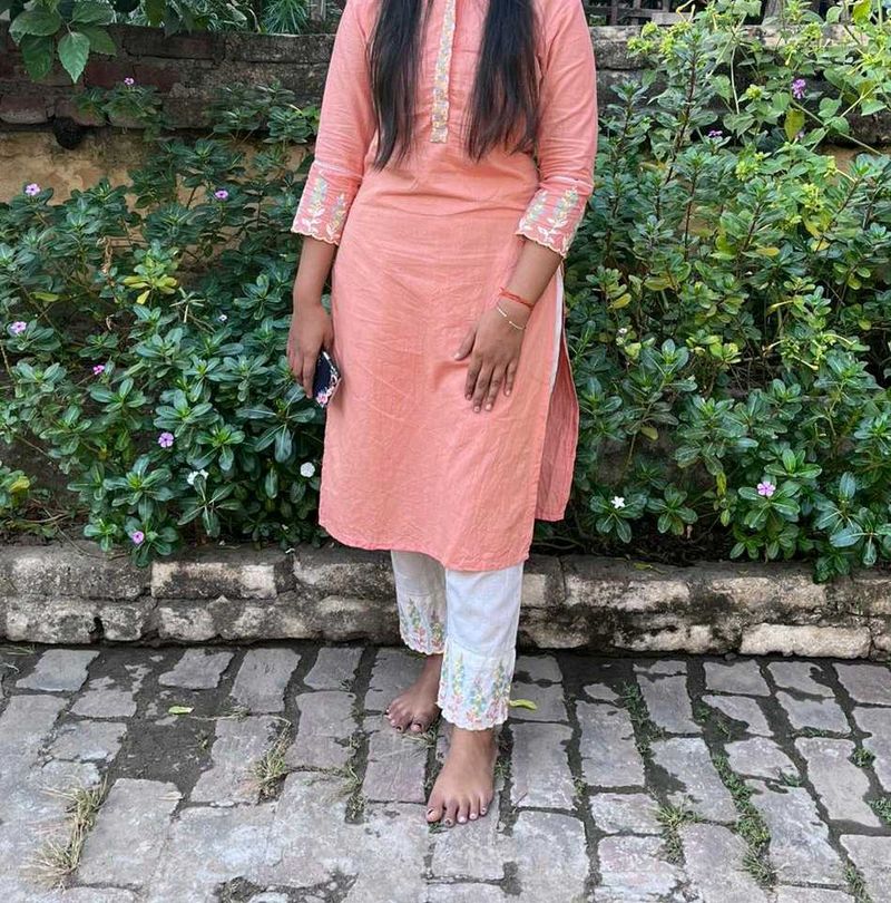 Peach Kurta with White Embroidered Pants