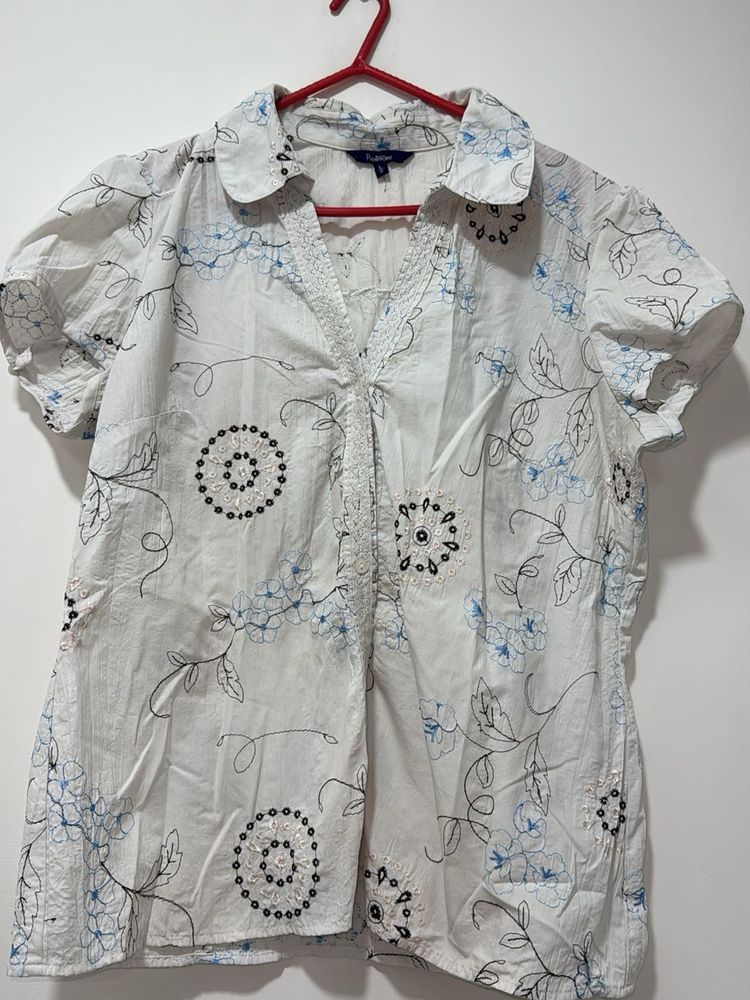 White Embroidery Floral Print Shirt