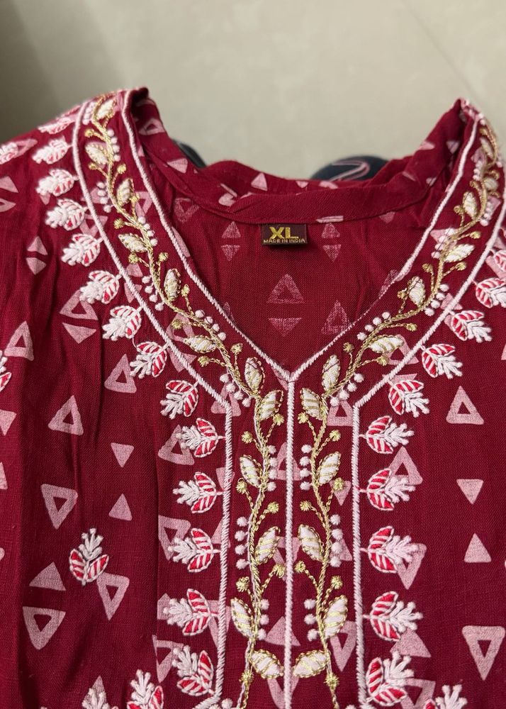 Maroon Embroidered Kurta