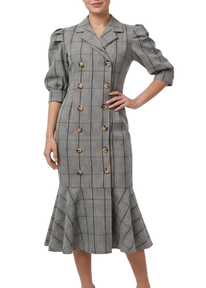 Korean Plaid Double-Breasted Midi Dress