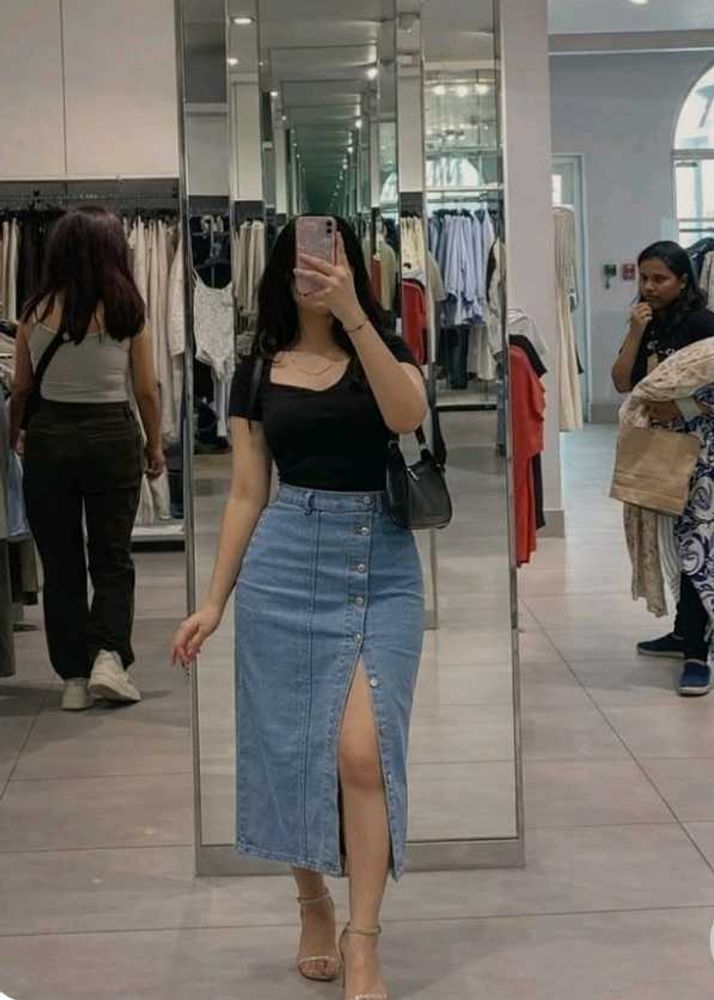 High Waist Denim Midi Skirt