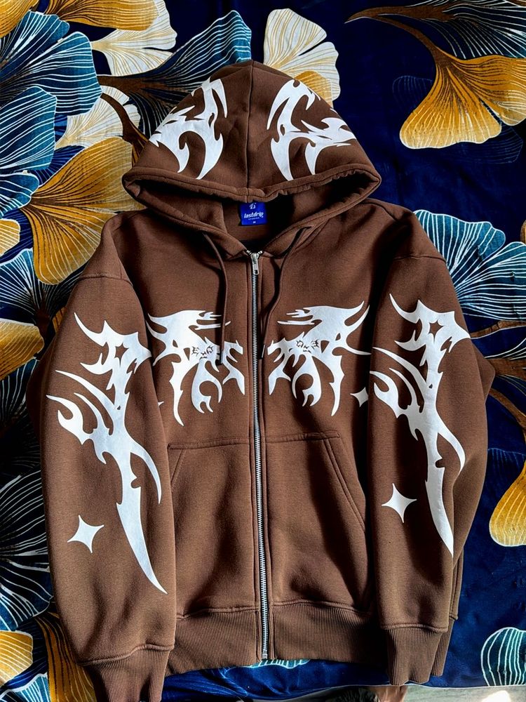 Brown Zip-Up Hoodie with Tribal Print